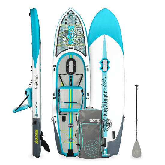Front, back, and side views of Rackham Aero APEX 12'4" Silver King board with paddle, seat, and gear bag.