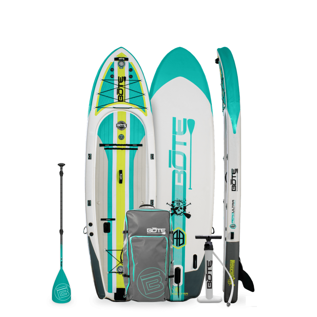 Top, side, and bottom view of the Rackham Aero 11' Full Trax Jade Inflatable Paddle Board with pump, bag, and paddle