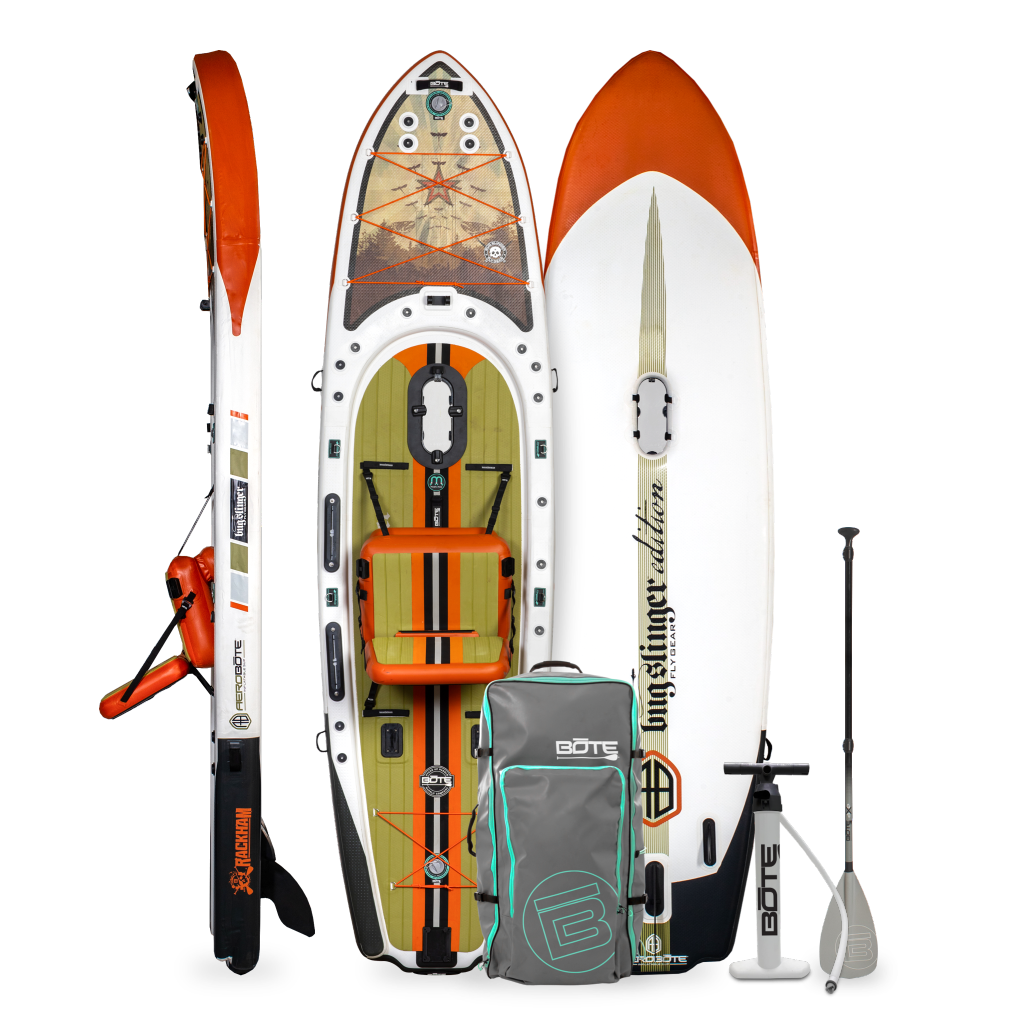 Top, side, and bottom view of the Rackham Aero APEX 12′4″ Bug Slinger™ Backwater Inflatable Paddle Board with bag, paddle, and pump.