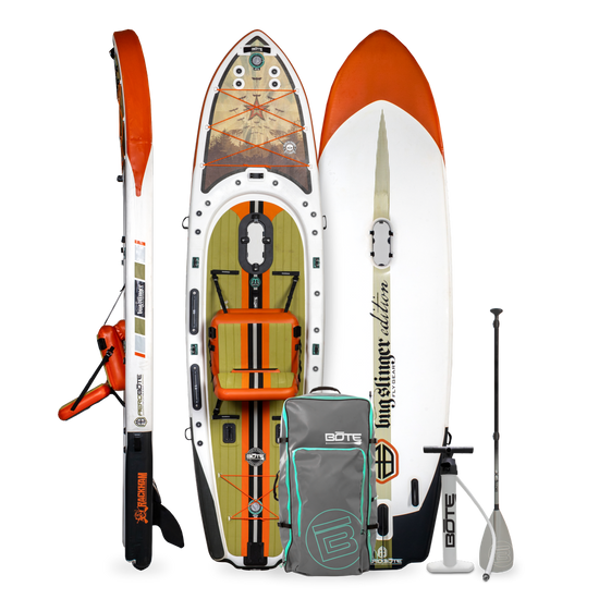 Top, side, and bottom view of the Rackham Aero APEX 12′4″ Bug Slinger™ Backwater Inflatable Paddle Board with bag, paddle, and pump.