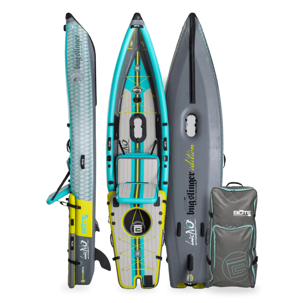 Front, back, side view of the Lono Aero inflatable kayak in Bug Slinger Silver King with bag.