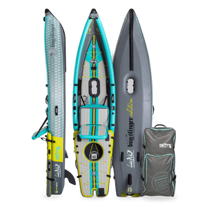 Front, back, side view of the Lono Aero inflatable kayak in Bug Slinger Silver King with bag.