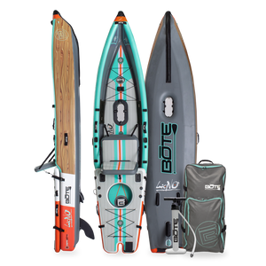 Front, side, back view of the Lono Aero inflatable kayak in Classic Cypress with bag.