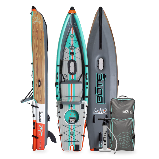 Front, side, back view of the Lono Aero inflatable kayak in Classic Cypress with bag.