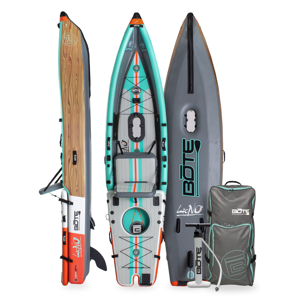 Top, side, and bottom view of the LONO Aero APEX Inflatable Kayak with pump and bag