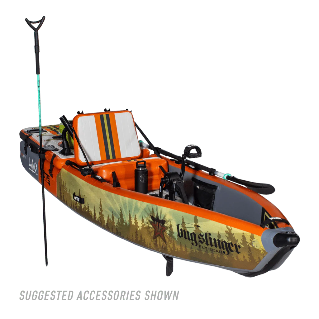 Angled front view of the LONO Aero APEX Inflatable Kayak with accessories