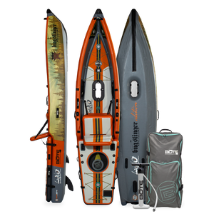 Top, side, and bottom view of the LONO Aero APEX Inflatable Kayak with pump and bag