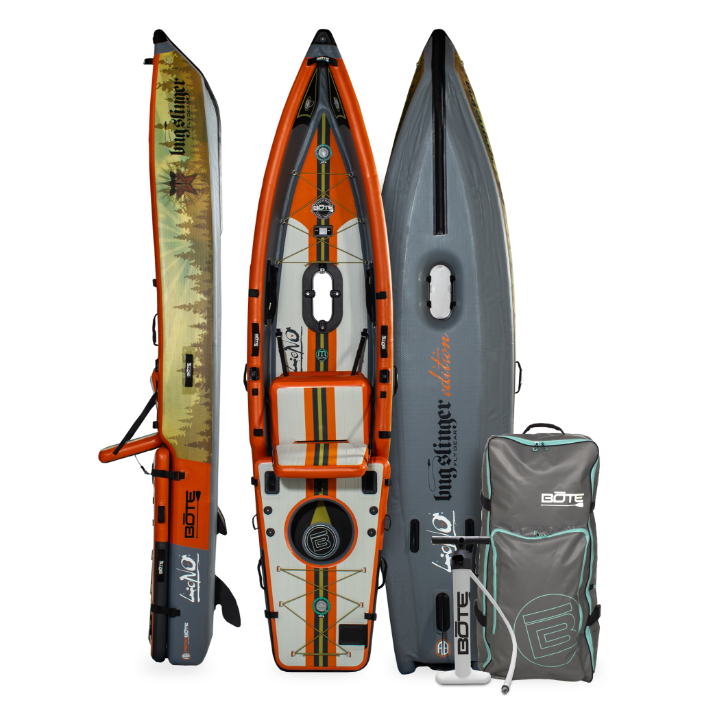 Top, side, and bottom view of the LONO Aero APEX Inflatable Kayak with pump and bag