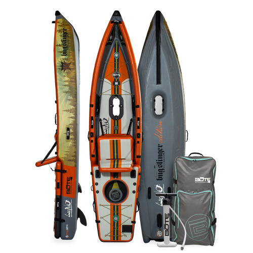 Front, back, side view of the Lono Aero inflatable Kayak in Backwater Bug Slinger with bag.