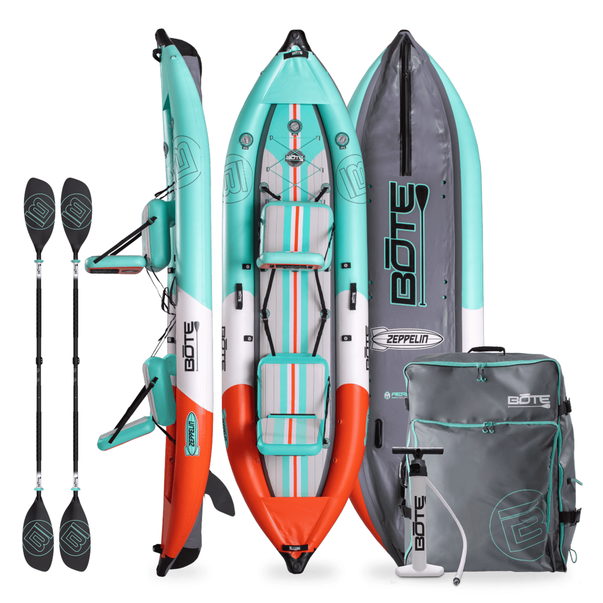 Top, side, and bottom view of the Zeppelin Aero Inflatable Kayak in Classic Seafoam with pump and bag and paddles