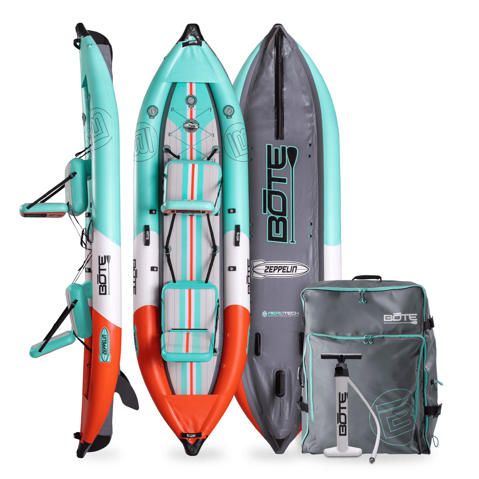 Front, side, back view of the Zeppelin Aero 12′6″ Inflatable Kayak in Classic Seafoam with pump and bag