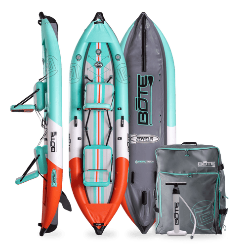 Front, side, back view of the Zeppelin Aero tandem inflatable kayak in Native Aqua with bag.