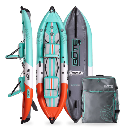 Front, side, back view of the Zeppelin Aero tandem inflatable kayak in Native Aqua with bag.