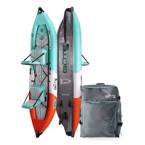 Front, side, back view of the Zeppelin Aero 12′6″ Inflatable Kayak in Verge Camo with bag.