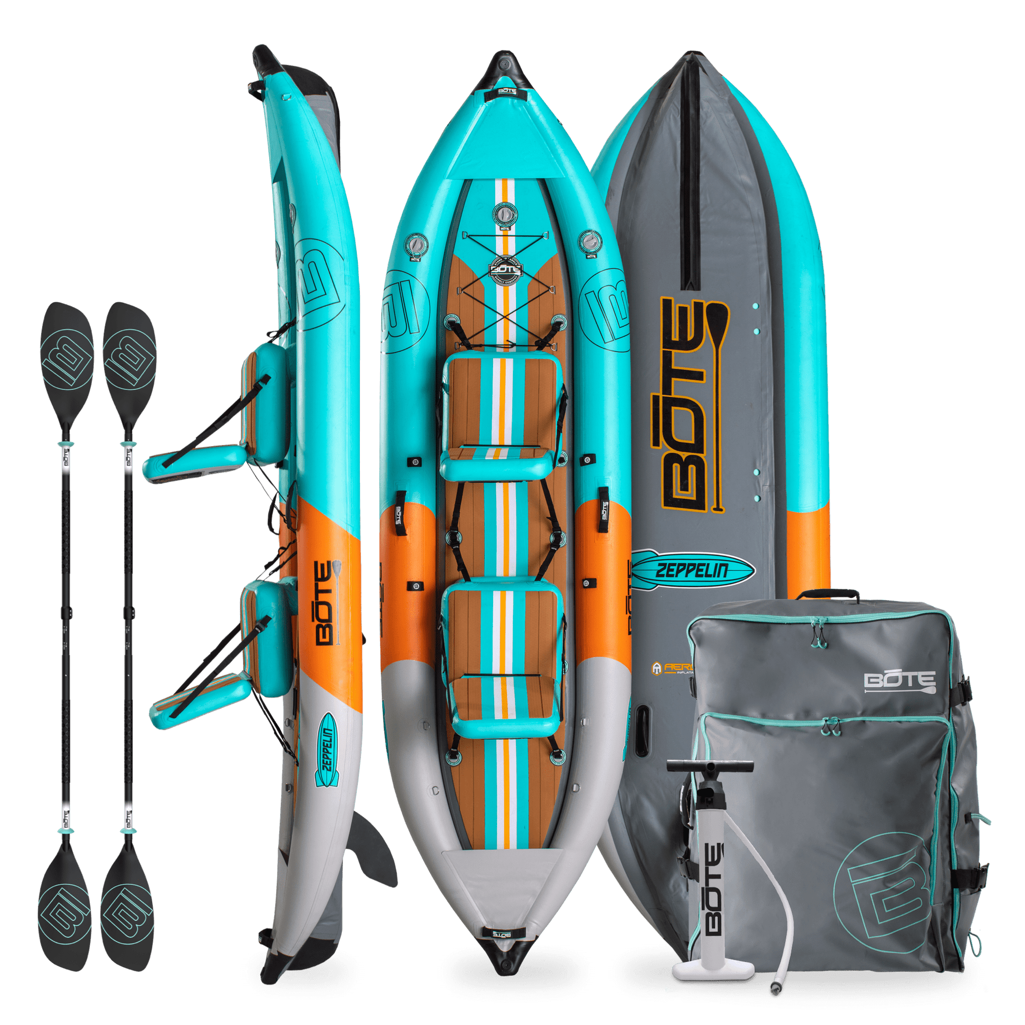 Top, side, and bottom view of the Zeppelin Aero Inflatable Kayak in Native Aqua with pump and bag and paddles