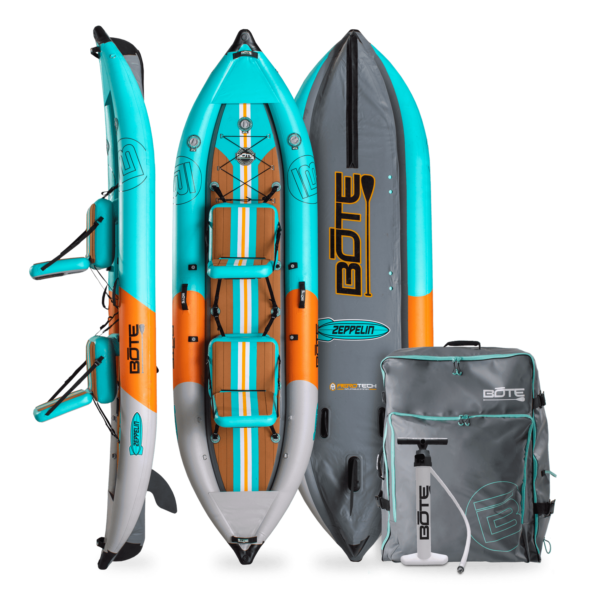 Top, side, and bottom view of the Zeppelin Aero 12′6″ Inflatable Kayak in Native Aqua with pump and bag