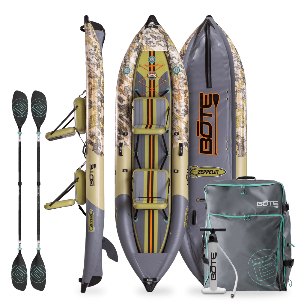 Top, side, and bottom view of the Zeppelin Aero Inflatable Kayak in Verge Camo with pump and bag and paddles