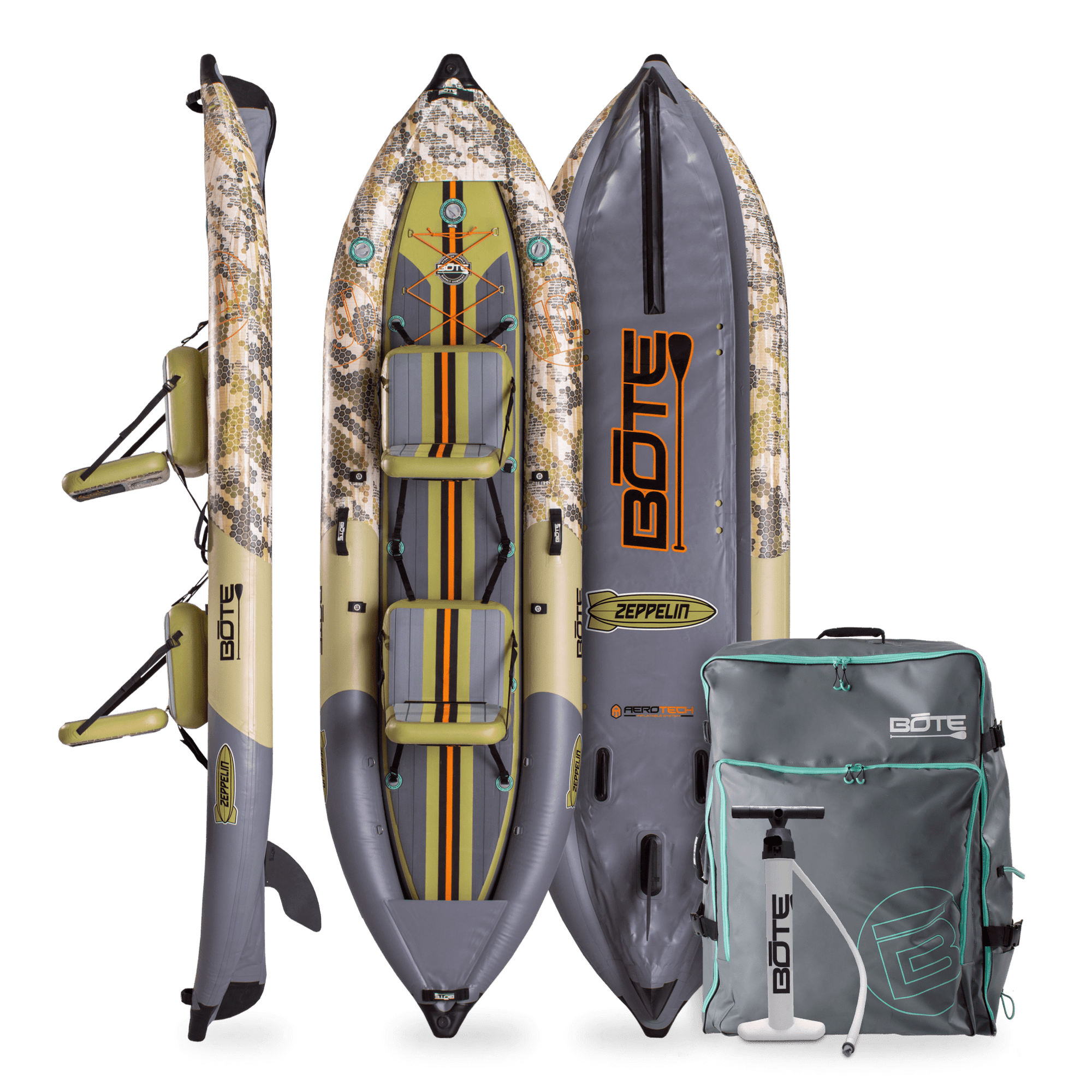 Front, side, back view of the Zeppelin Aero 12′6″ Inflatable Kayak in Verge Camo with bag and pump