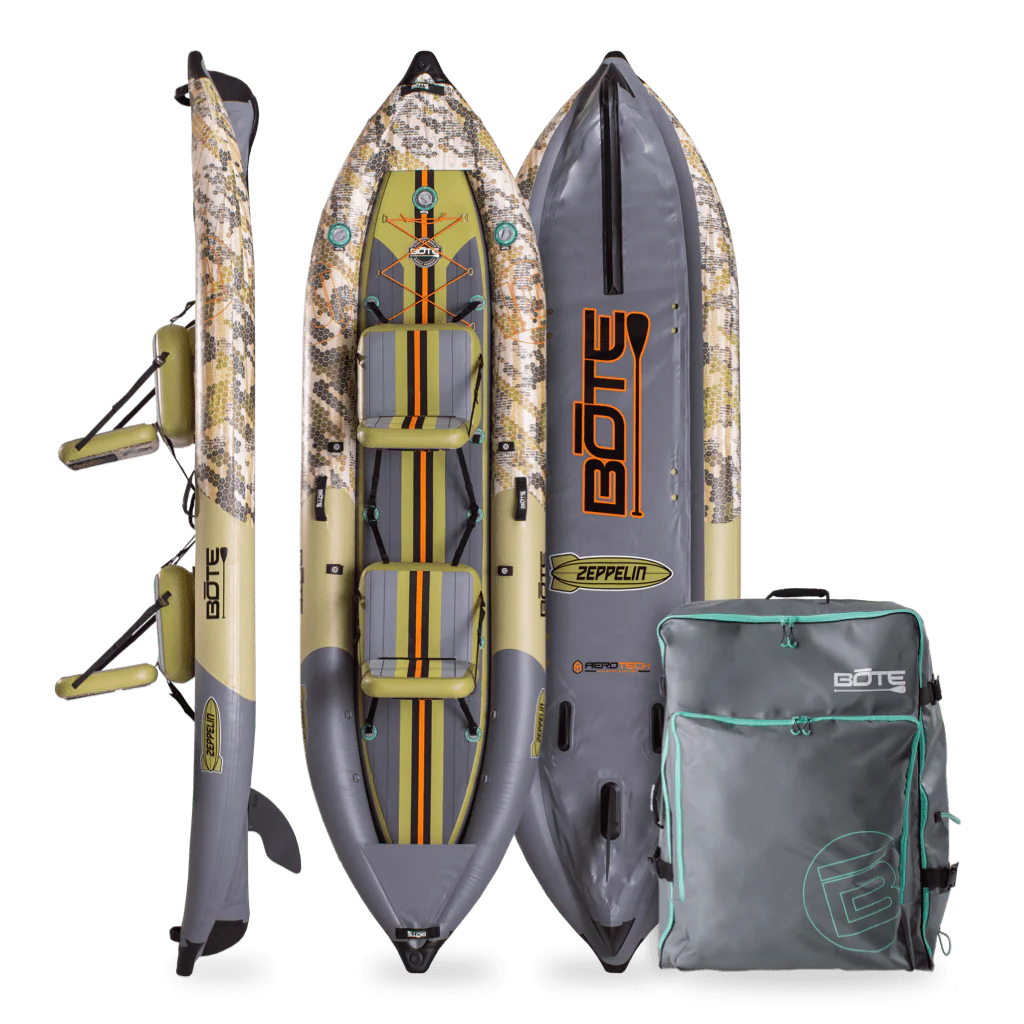 Front, side, back view of the Zeppelin Aero 12′6″ Inflatable Kayak in Verge Camo with bag.