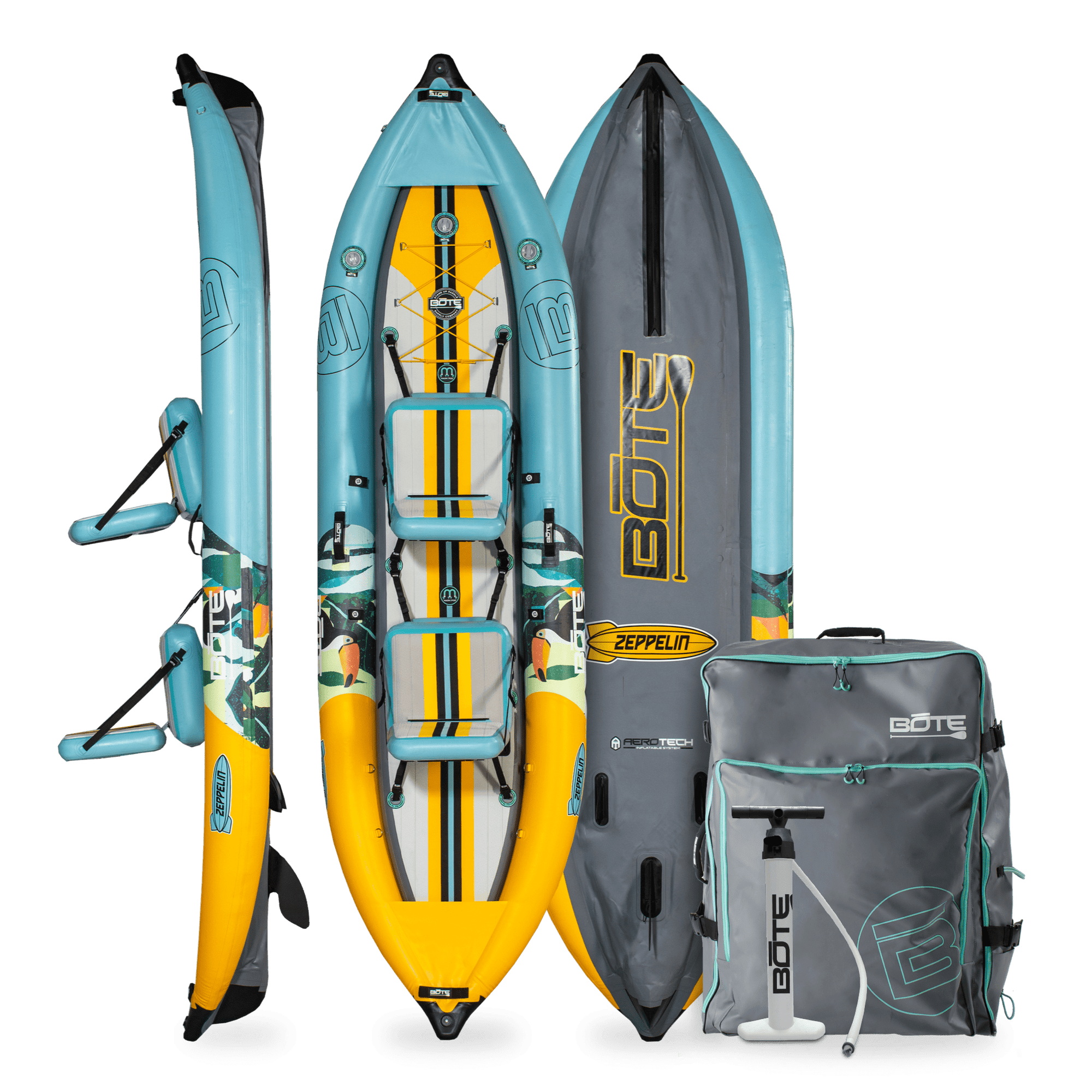 Top, side, and bottom view of the Zeppelin Aero 12′6″ Inflatable Kayak in Native Paradise with pump and bag