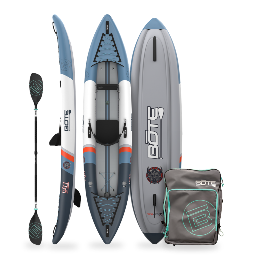 Side, top, and bottom view of Vali Aero kayak with paddle and carrying bag.
