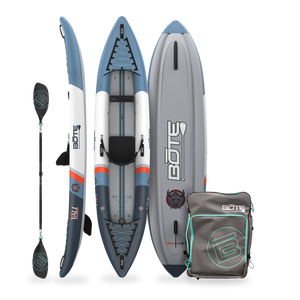 Side, top, and bottom view of Vali Aero kayak with paddle and carrying bag.