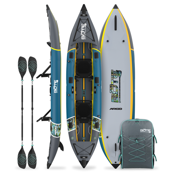 BOTE Argo teal and gray inflatable tandem kayak shown from multiple angles with two black paddles and a gray travel bag included.
