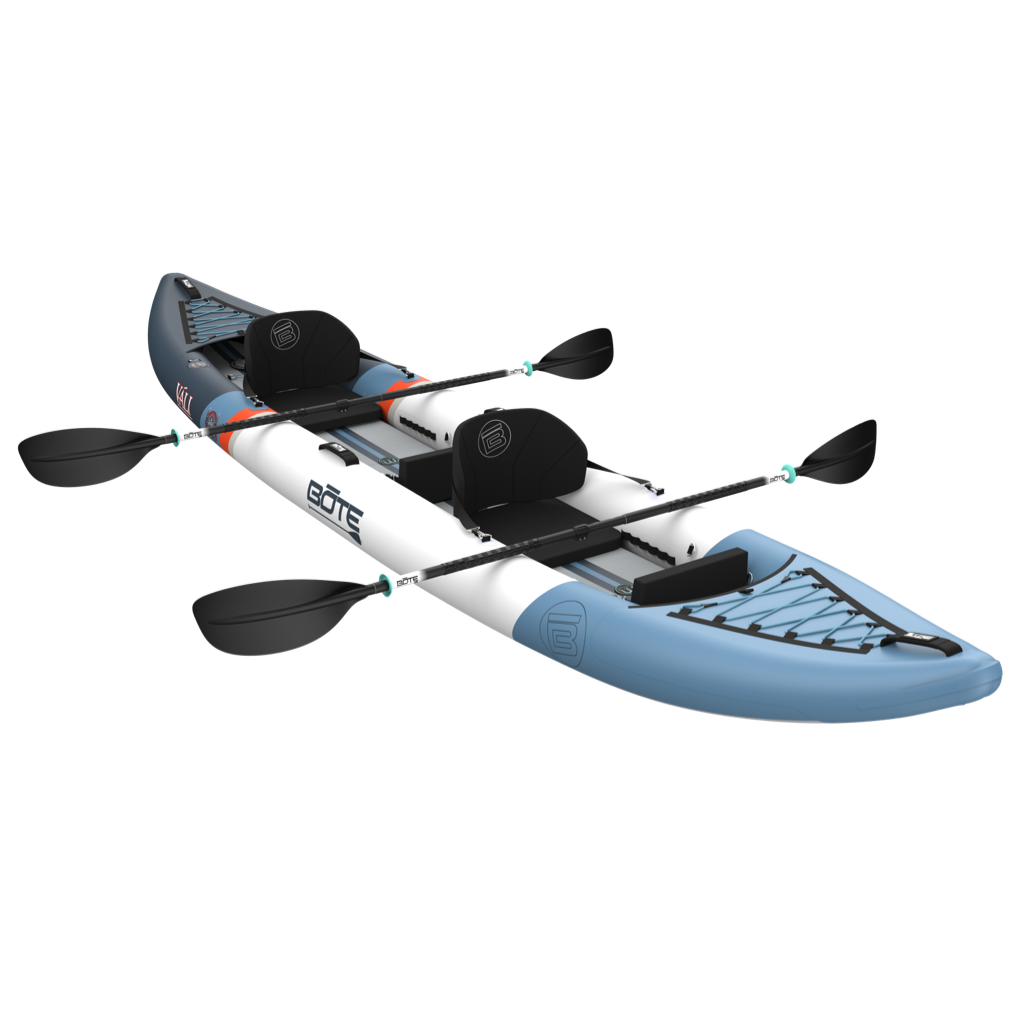 Front angled view of Vali Aero Tandem two-person kayak with paddles.