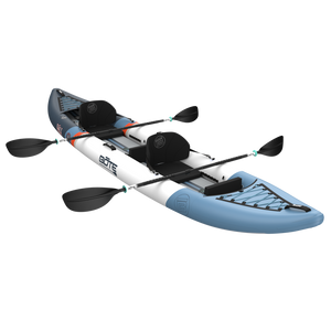 Front angled view of Vali Aero Tandem two-person kayak with paddles.