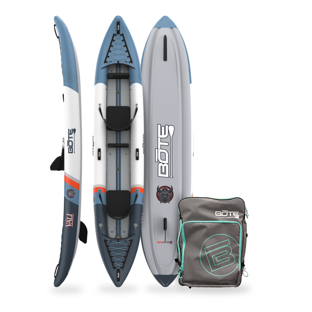 Inflatable paddle boards and a carrying bag with BOTE branding.