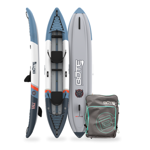 Inflatable paddle boards and a carrying bag with BOTE branding.