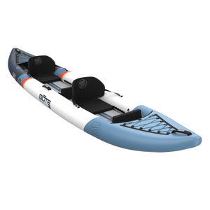 Angled front view of blue and white Vali Aero kayak with seats.