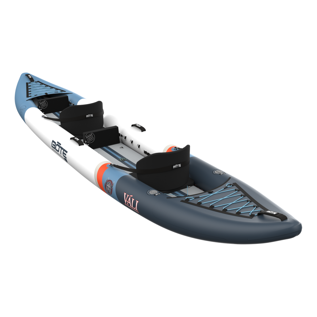 Angled rear view of blue and white Vali Aero kayak with seats.