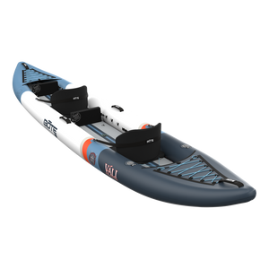 Angled rear view of blue and white Vali Aero kayak with seats.