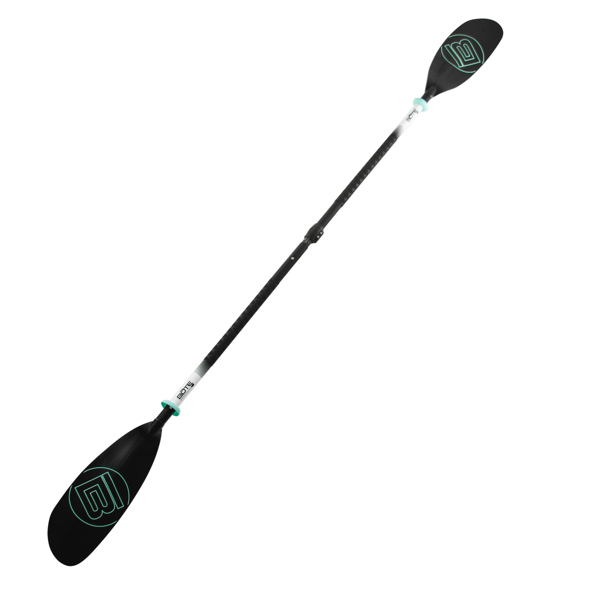5 Piece Adjustable Fiberglass Construction Kayak Paddle in black with seafoam accents.