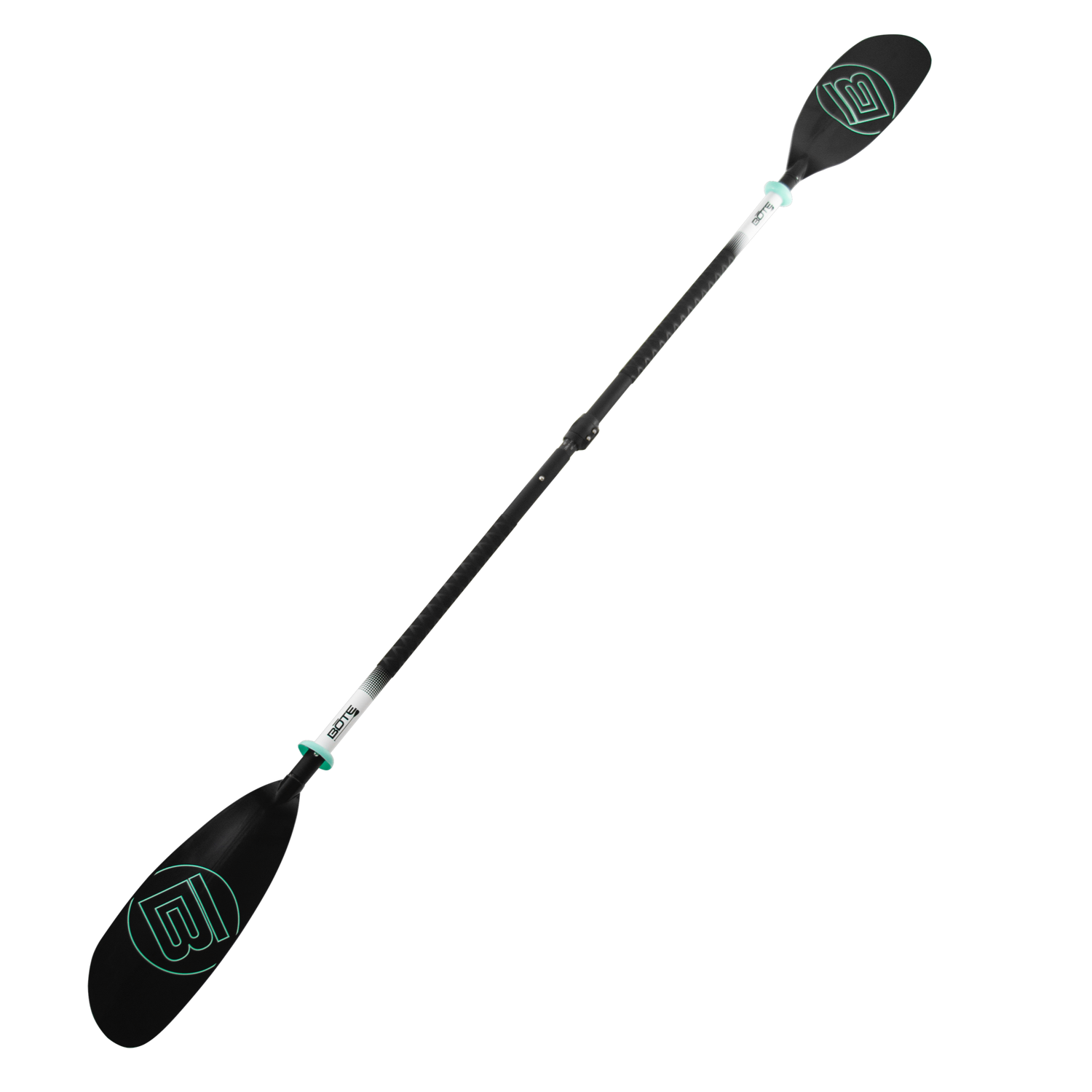 5 Piece Adjustable Fiberglass Construction Kayak Paddle in black with seafoam accents.