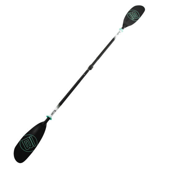 5 Piece Adjustable Fiberglass Construction Kayak Paddle in black with seafoam accents.