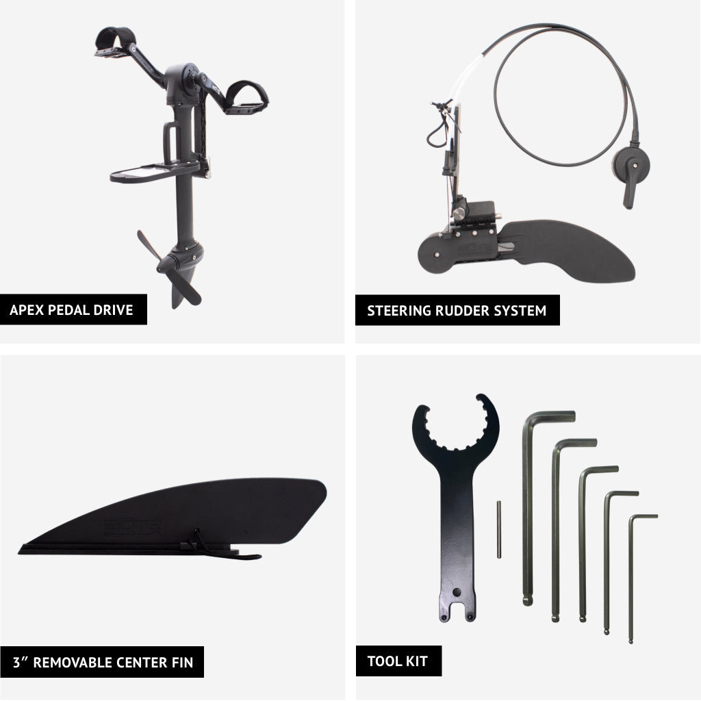 Included items of the APEX Pedal Drive and Rudder System