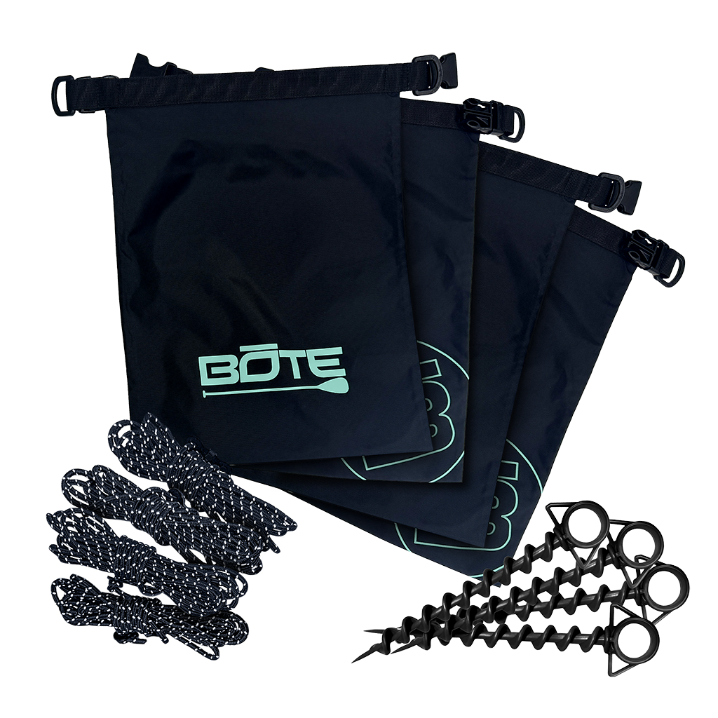 Front view of Anchor Kit with three BOTE logo bags, ropes, and black screw anchors.