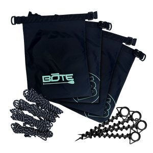 Front view of Anchor Kit with three BOTE logo bags, ropes, and black screw anchors.