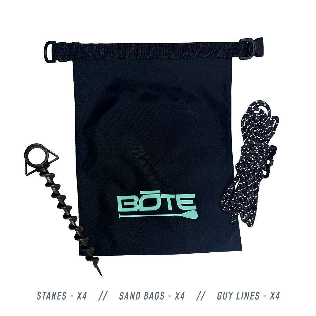 Front view of Anchor Kit with BOTE logo bag, rope, and black screw anchor.