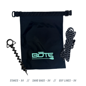 Front view of Anchor Kit with BOTE logo bag, rope, and black screw anchor.