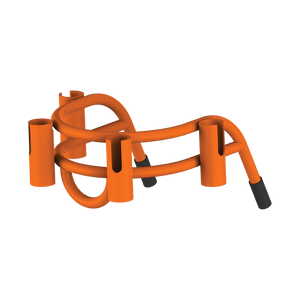 Angled front view of Bucket Rac Orange with four rod holders and curved support bar.