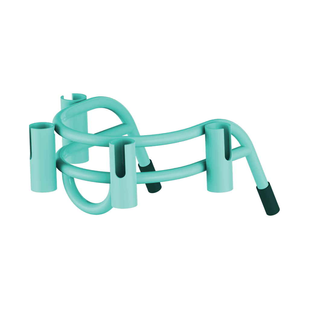 Angled front view of Bucket Rac Seafoam with four rod holders and curved support bar.