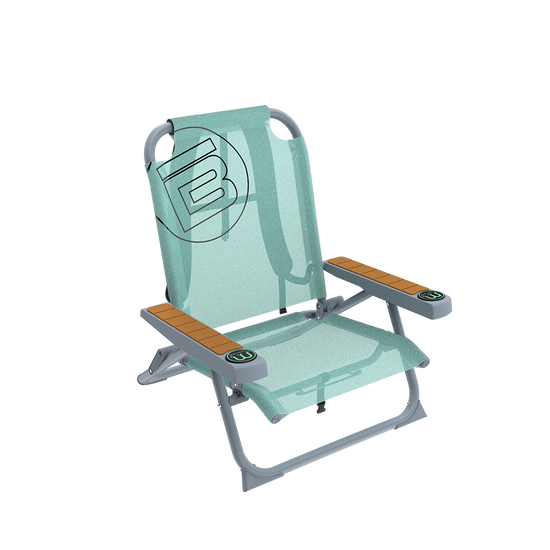 Angled front view of Mule Dune Chair with mint mesh seat, gray frame, and wood armrests.