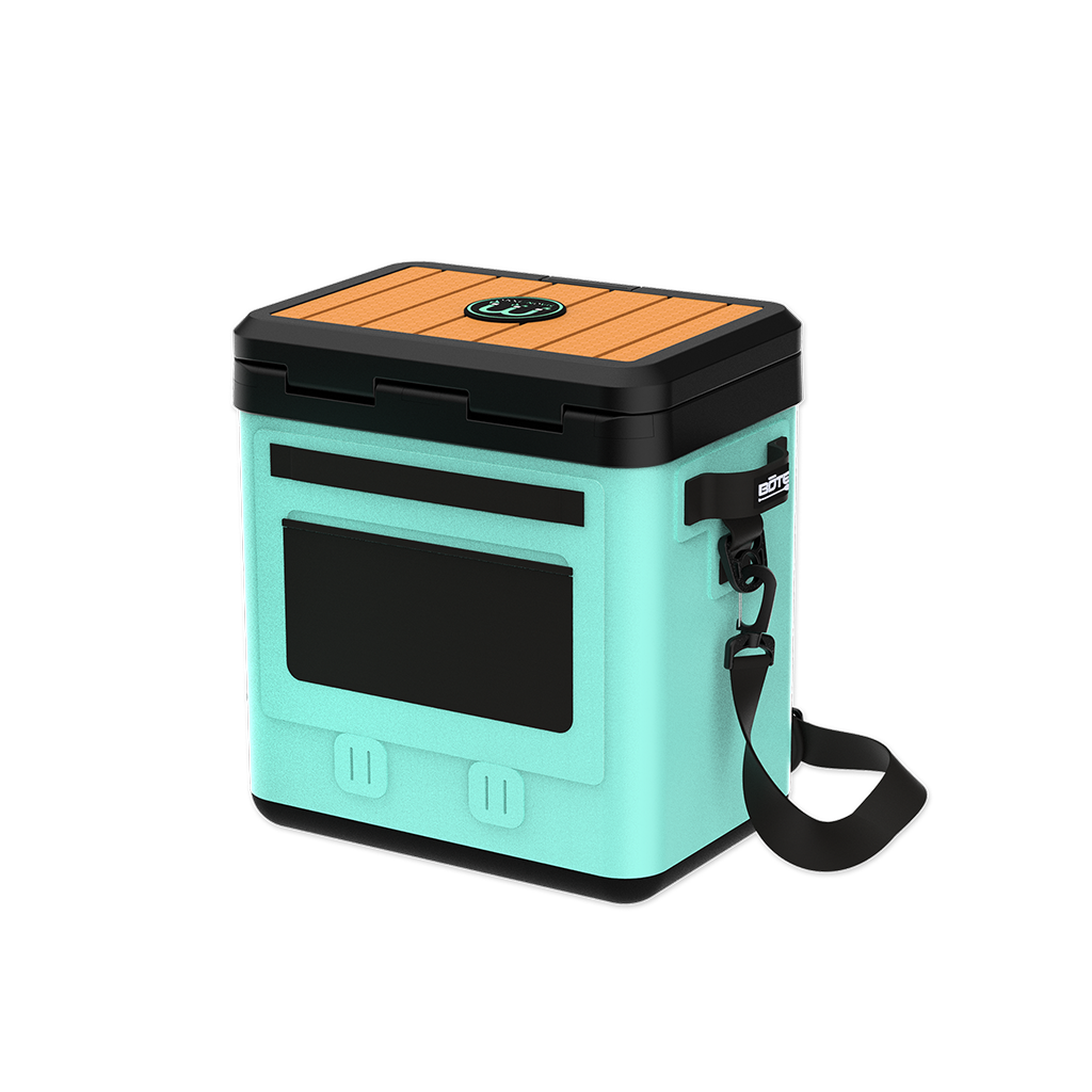 Rear view of KULA Mule cooler with black storage panel and strap attachment.