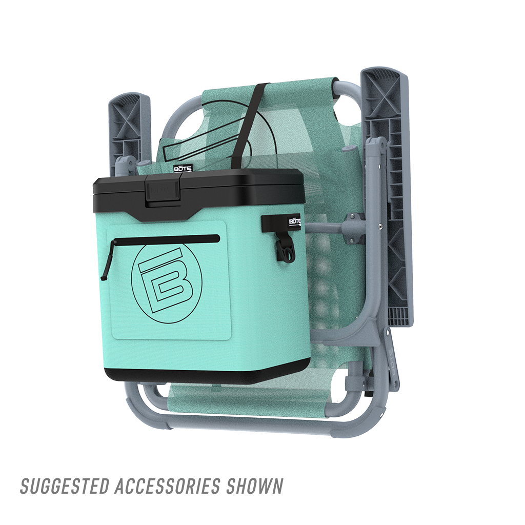 Front view of KULA Mule cooler attached to folding chair frame.