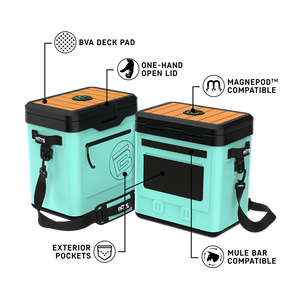 Angled view of KULA Mule coolers front and back with labeled feature callouts.