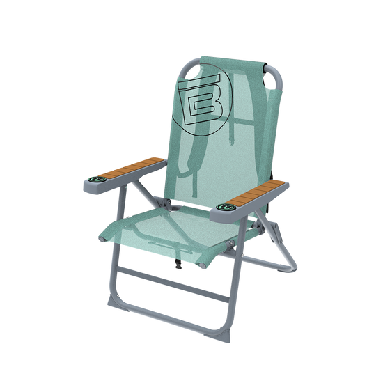 Angled front view of Mule Outpost Chair with mint mesh seat, gray frame, and armrests.
