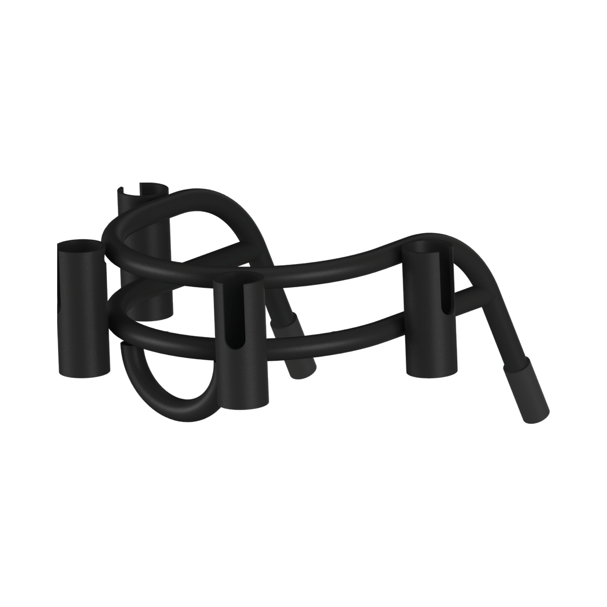 Angled front view of Bucket Rac Black with four rod holders and curved support bar.